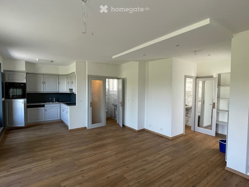 Empty room with wooden flooring, white walls, and built-in cabinets in the adjacent kitchen area. The space includes a doorway leading to a bathroom and a small blue bucket placed near the wall.