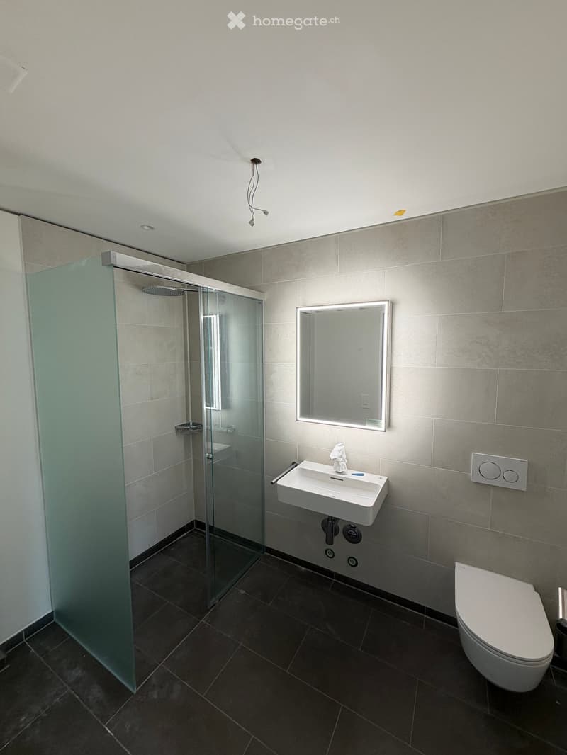 Modern bathroom with dark tiled floor, white sink, toilet, and glass-enclosed shower. Features a built-in illuminated mirror above the sink.