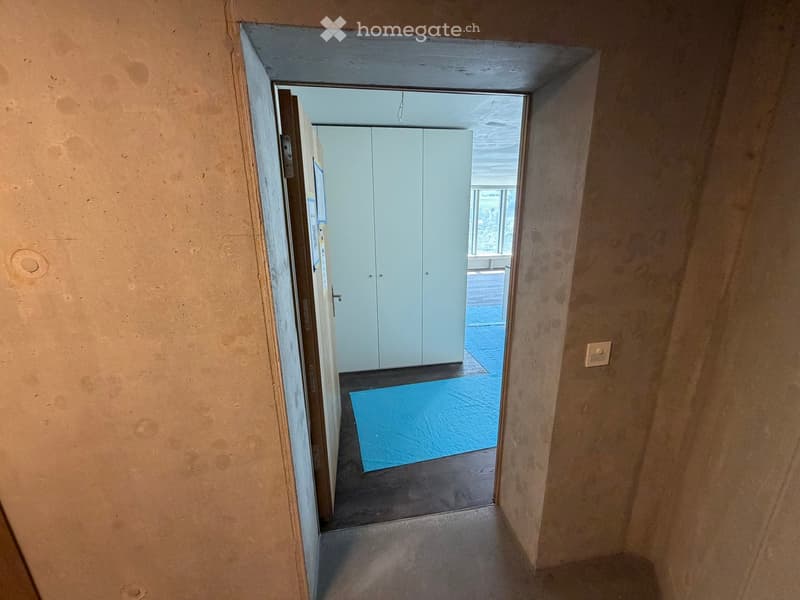 A narrow hallway with unfinished walls and a wooden door leading to a room with white cabinets and a blue mat on the floor.