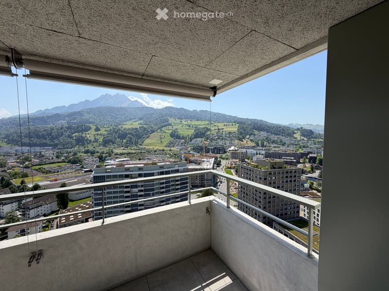 Balcony with modern metal railing, concrete floor, and expansive view of cityscape and mountains.