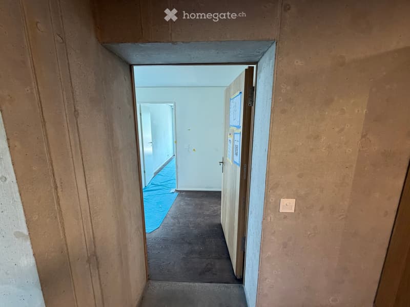 Empty hallway with unfinished walls, wooden flooring, and a blue mat in the adjacent room.
