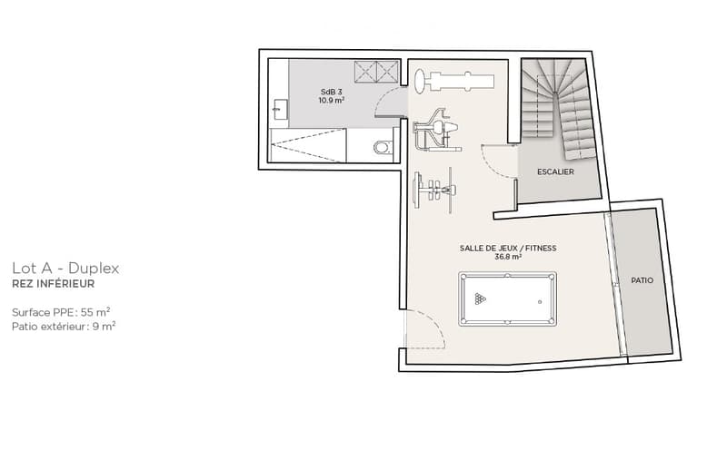 Floor plan of a duplex ground floor with a bedroom (SdB 3), fitness room, patio, and staircase leading to the upper level.