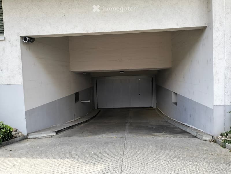Underground garage entrance with a single garage door, concrete floor, and surrounding building walls.