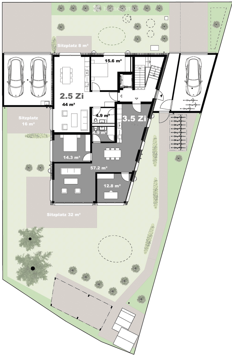 Floor Plan. Floor plan of a residential building with multiple rooms and outdoor seating areas. Includes labeled spaces such as living areas, bedrooms, and parking.