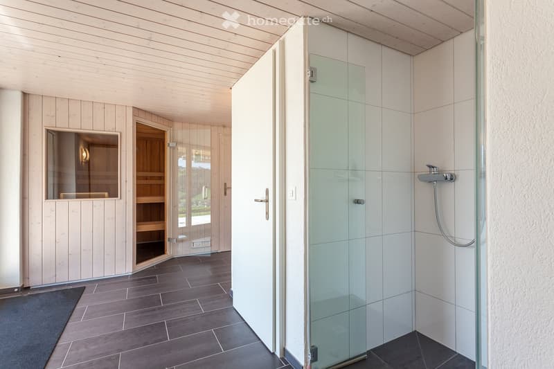 Modern bathroom with a glass-enclosed shower, dark tiled floor, and a sauna visible through an open doorway.
