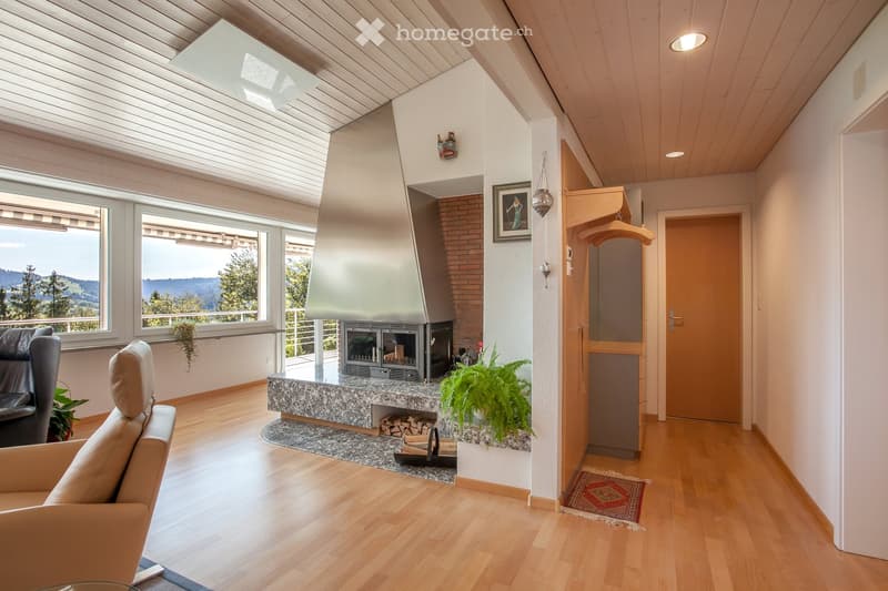 Bright living room with wooden flooring, large windows offering a scenic view, a modern fireplace, a comfortable sofa, an armchair, and decorative plants.