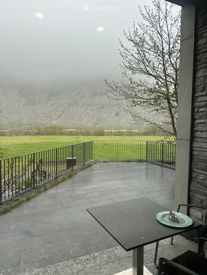 Outdoor patio with a table, chair, and decorative plate, overlooking a grassy field and distant mountains.
