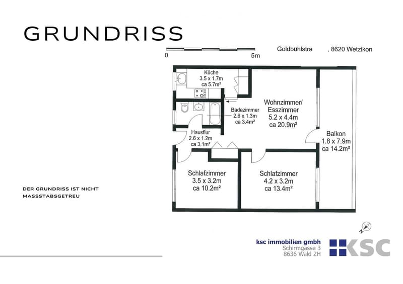 Floor plan showing a kitchen, living room, two bedrooms, a bathroom, and a balcony.