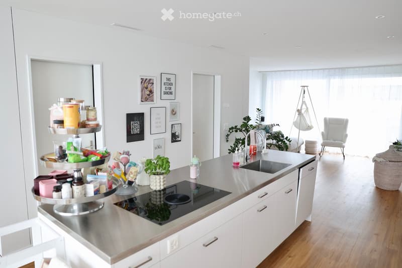 Open-plan kitchen and living area with white cabinets, stainless steel island, induction cooktop, sink, and various decorative items including framed artwork and potted plants.