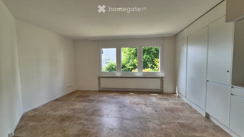 empty room, white walls, tiled floor, large window, radiator