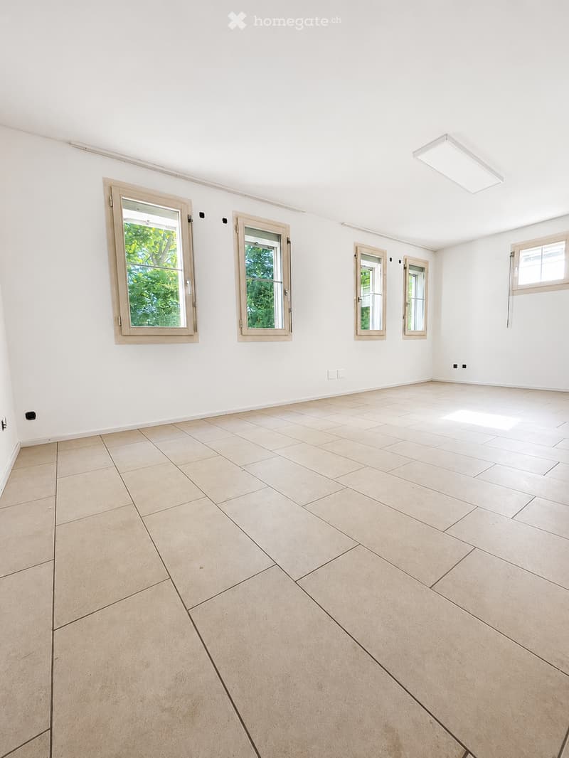 Empty room with light-colored tiled flooring and white walls, featuring multiple windows with wooden frames and a large ceiling light fixture.