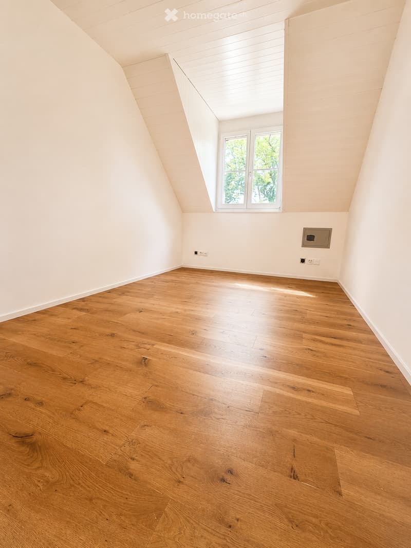 Empty attic room with wooden flooring, white walls, and a skylight window allowing natural light.