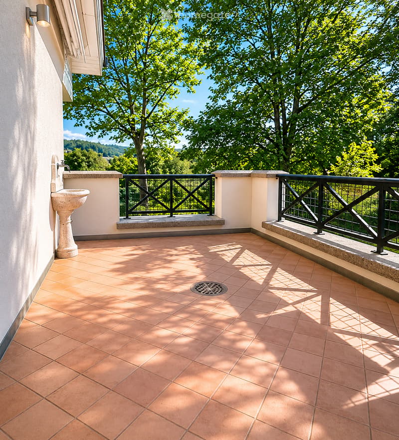 Balcony with tiled floor, black metal railing, and a stone sink, overlooking a lush green landscape.