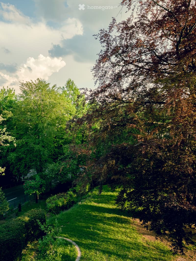A lush, green garden area with a winding path surrounded by tall trees and shrubs under a partly cloudy sky.
