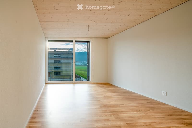 Empty room with light wooden flooring, white walls, and large sliding glass doors leading to an outdoor view.