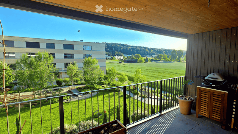 Balcony with wooden ceiling, metal railing, grill, potted plants, and scenic view of green fields and buildings.