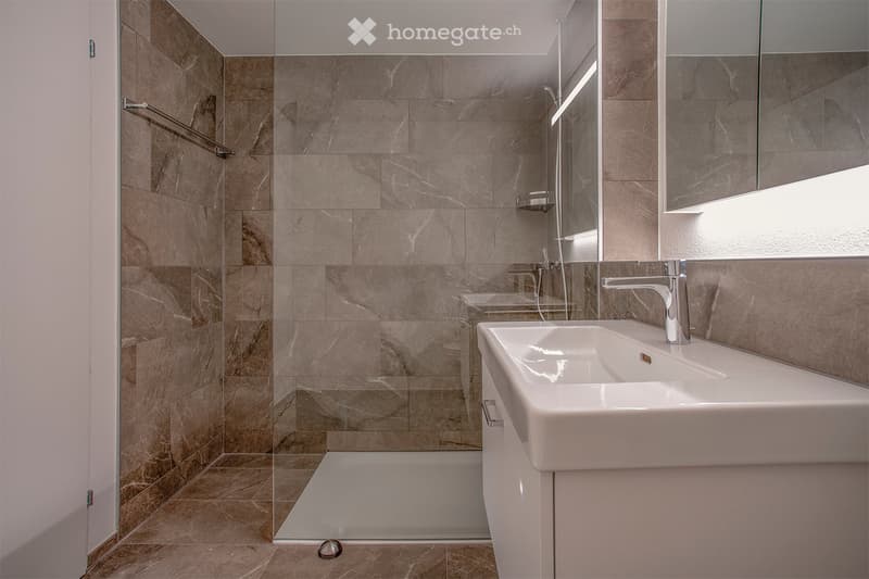 Modern bathroom with a white sink, chrome faucet, large mirror, and a glass-enclosed shower with marble tiles.