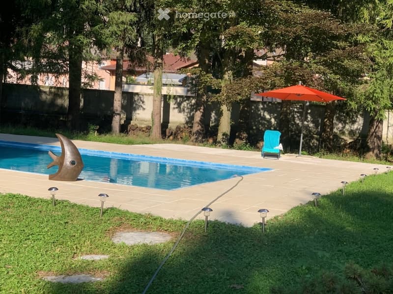 Outdoor area with a swimming pool, surrounded by a paved deck, small decorative lights, a lounge chair, and an umbrella. Trees and greenery are visible in the background.