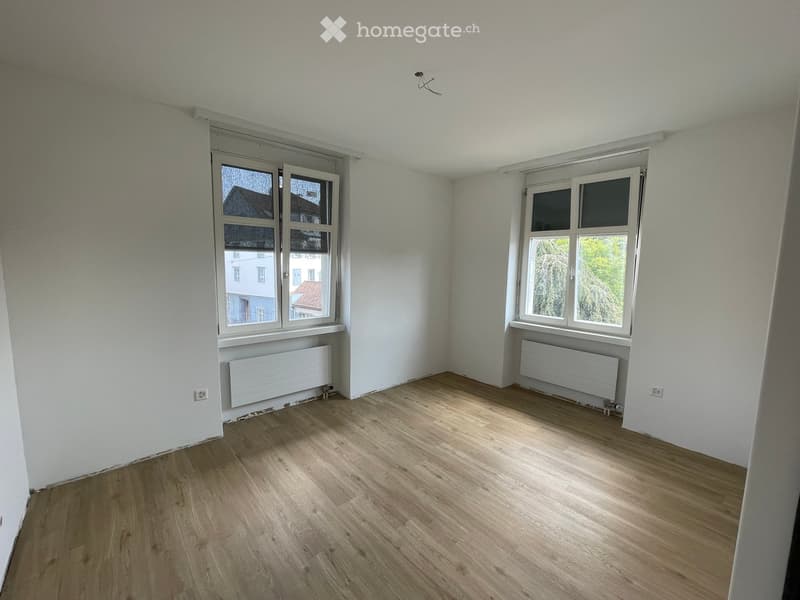 Empty room with light wooden flooring, white walls, and two windows with radiators beneath them.