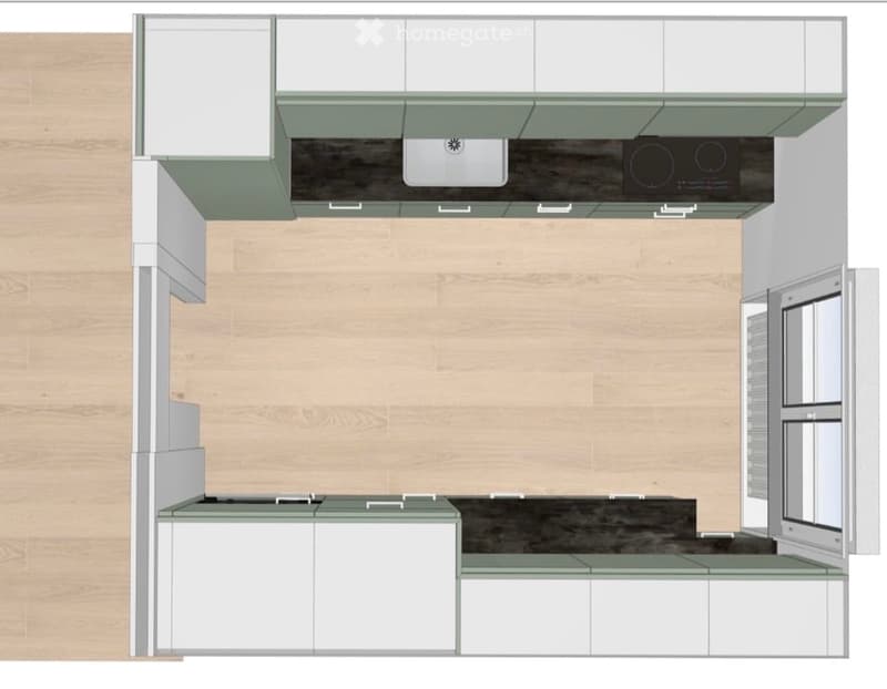 Layout of a modern kitchen with white cabinets, a central island, and built-in appliances including a stove and sink.