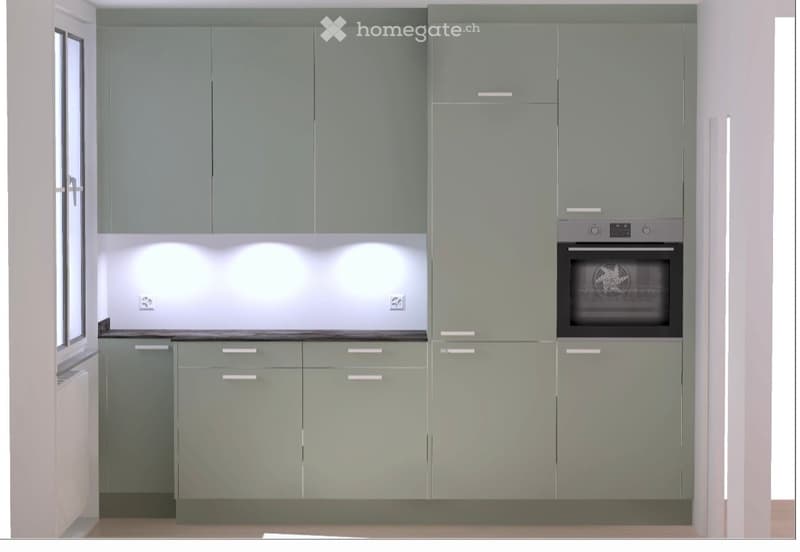 Modern kitchen with grey cabinets, built-in oven, and sleek design.