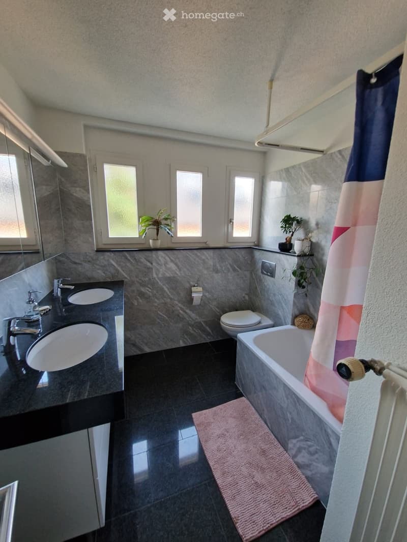 Modern bathroom with dark tiled walls and floor, double sink vanity, bathtub, toilet, and small window with frosted glass. Includes a pink bathroom rug and a decorative shower curtain.
