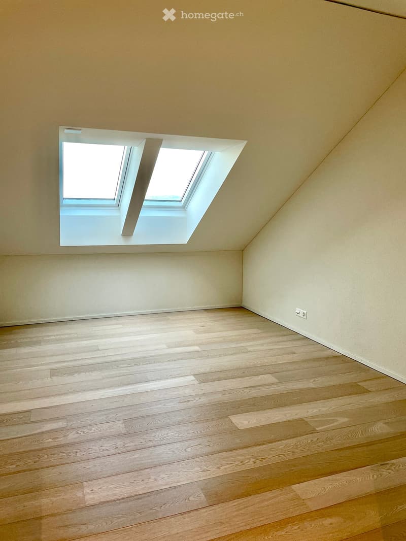 Empty room with wooden flooring and a skylight window, featuring light-colored walls and a visible electrical outlet.