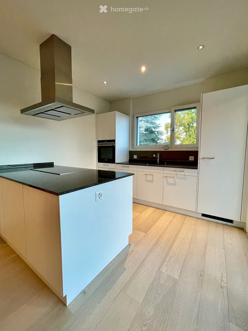Modern kitchen with white cabinets, black countertops, and a central island. Features include a stainless steel range hood, built-in oven, and a large window overlooking greenery.