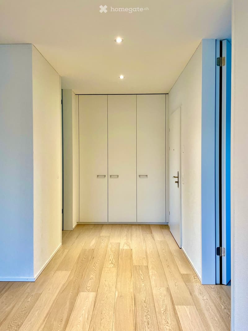 Clean, modern hallway with light wooden flooring, white walls, built-in white closet units, and recessed ceiling lighting.