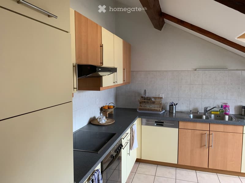 Modern kitchen with light wood cabinets, stainless steel sink, and built-in oven. Countertop features a dish rack, fruit basket, and cleaning supplies.