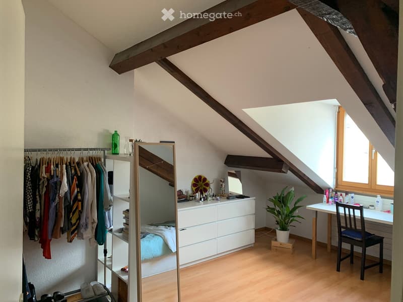 A cozy attic bedroom with wooden beams, a large window, a bed tucked under the sloped ceiling, a dresser, a chair, a small table with a plant, and a clothing rack with hanging clothes.