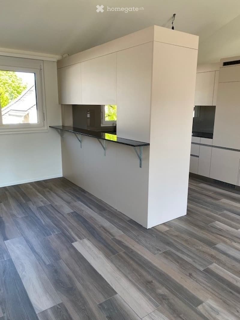 modern kitchen with white cabinets, wooden floor, black countertop, window