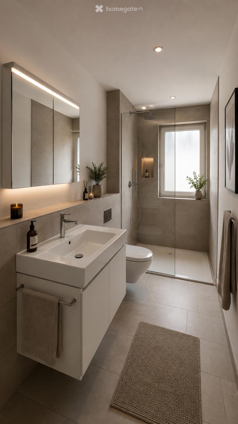 Modern bathroom with a large sink, toilet, shower, and a large mirror with built-in lighting. Features include a towel rack, a small plant, and decorative candles on the countertop.