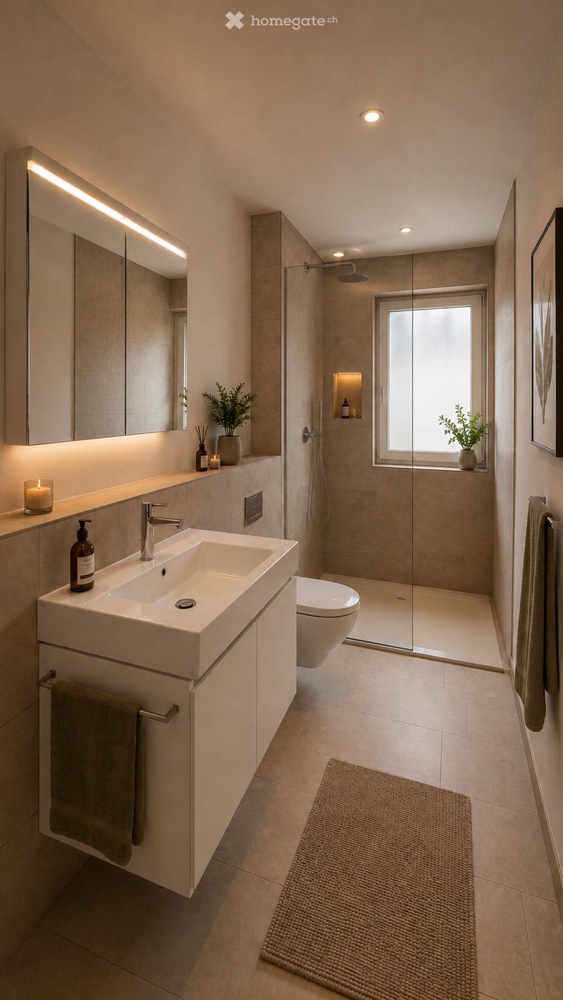 Modern bathroom with a large sink, mirror with LED lighting, toilet, glass-enclosed shower, and decorative plants. Features a sleek design with beige tiles and warm lighting.