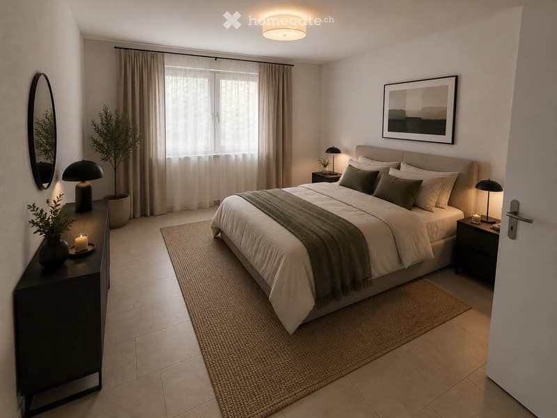 Modern bedroom with a large bed, nightstands, lamps, a mirror, a plant, and a picture frame on the wall.