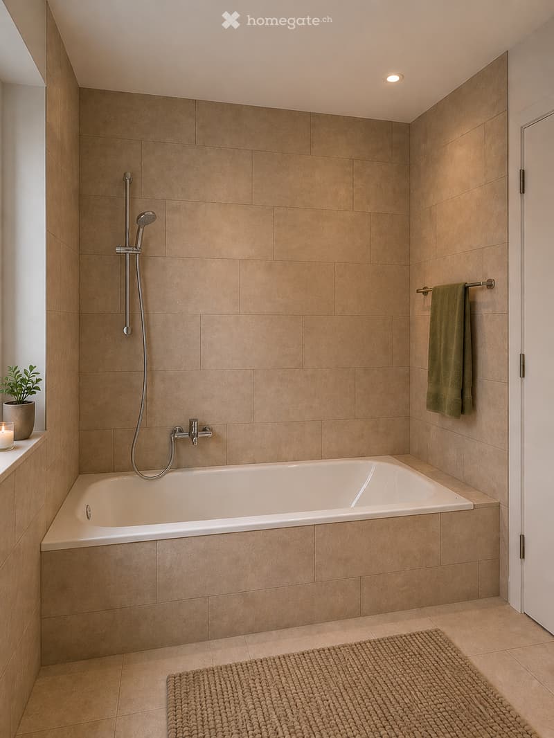 Modern bathroom with a bathtub, showerhead, towel, and decorative candle on a windowsill.