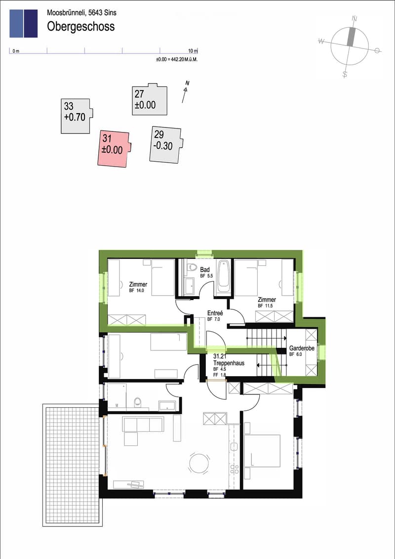 Floor plan of the upper floor showing a bathroom, two bedrooms, entrance, staircase, and closet.