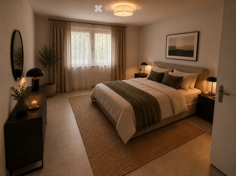 Modern bedroom with a large bed, nightstands, lamps, a mirror, a picture frame, a woven rug, and decorative plants.