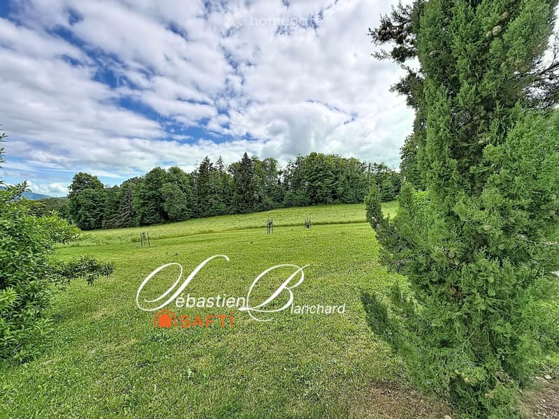 Open green field with scattered trees and bushes, under a partly cloudy sky.