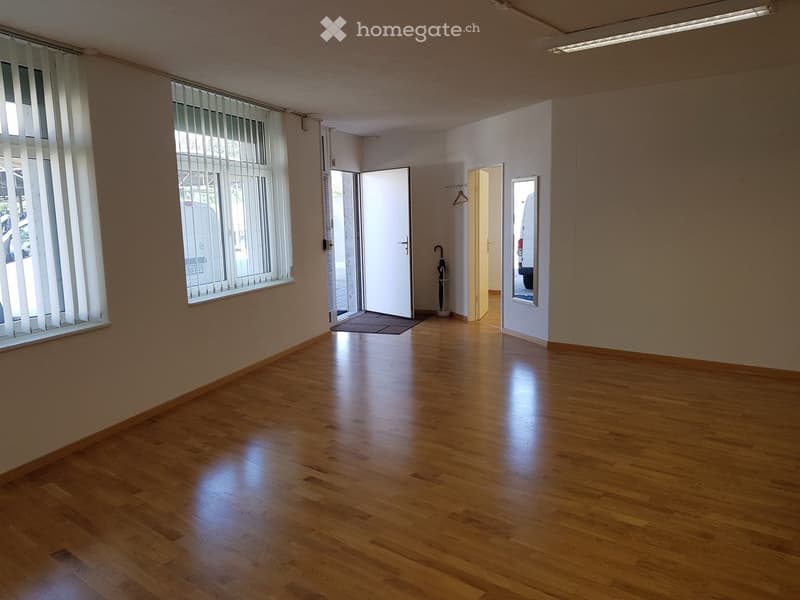 empty room, hardwood floors, white walls, large windows, two doors, one with rug