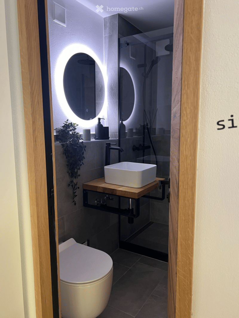 Modern bathroom with a white sink, toilet, and a glass-enclosed shower. Features a round illuminated mirror above the sink and a small plant on the counter.