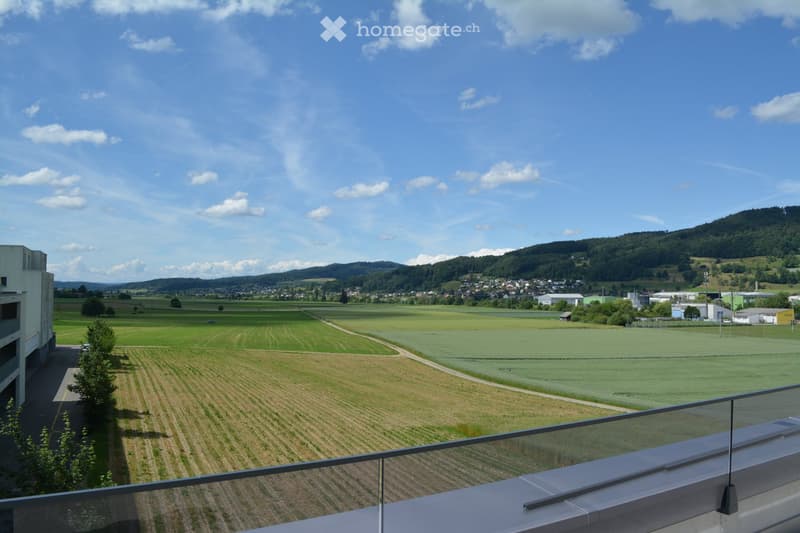 Balcony overlooking a rural landscape with fields, a town, and distant hills under a partly cloudy sky.