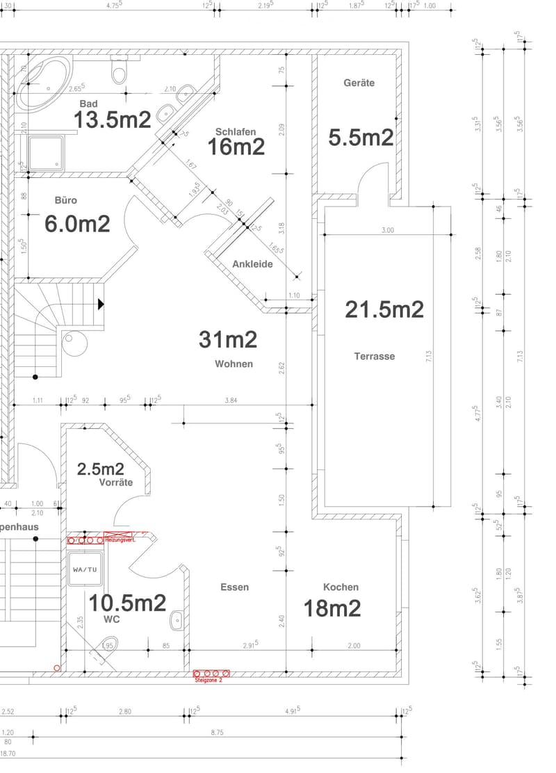 Floor plan showing a layout with labeled rooms including a bathroom (13.5m2), bedroom (16m2), office (6.0m2), living area (31m2), kitchen (18m2), dining area, terrace (21.5m2), storage (2.5m2), and WC (10.5m2).