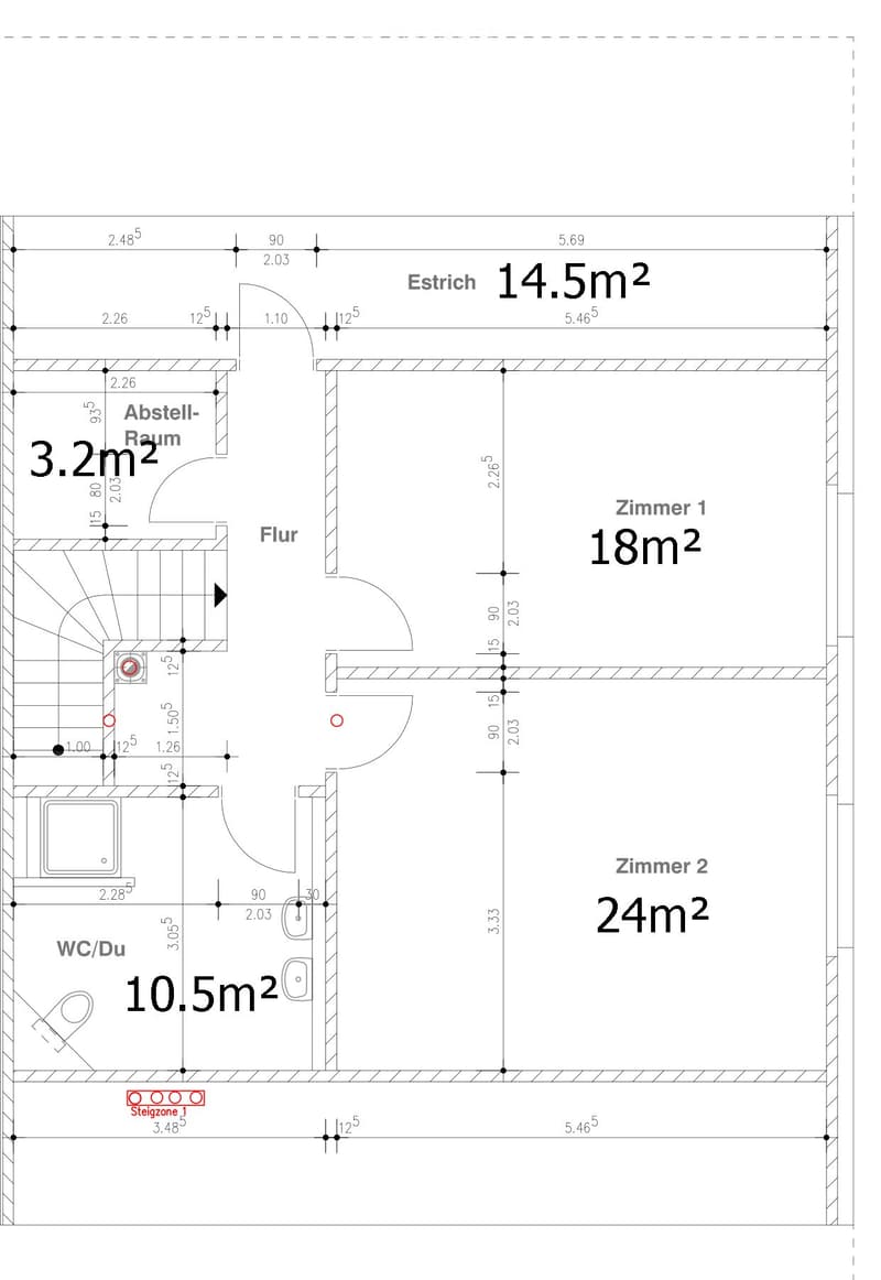 Floor plan showing a WC/Du area (10.5m²), a storage room (3.2m²), a hallway (14.5m²), and two bedrooms (18m² and 24m²).