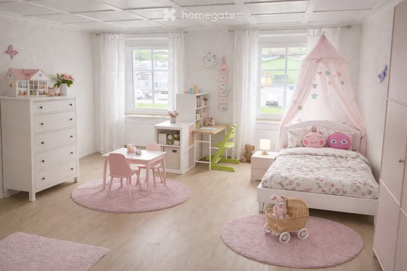A well-lit, pastel-colored children's bedroom with a bed, nightstand, small table, chairs, and various toys including a toy house, toy car, and a toy stroller. The room features a canopy bed with a pink canopy, a round pink rug, and a desk with a lamp.