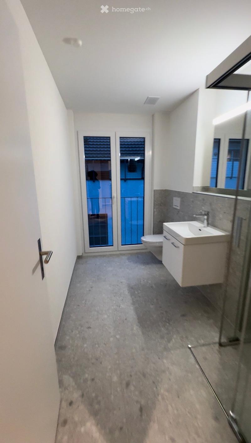 Modern bathroom with grey tiles, white sink, toilet, and large window with a view of the roof.