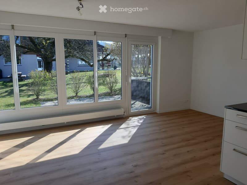 Empty room with wooden flooring, large sliding glass doors leading to a garden, and a radiator under the windows.