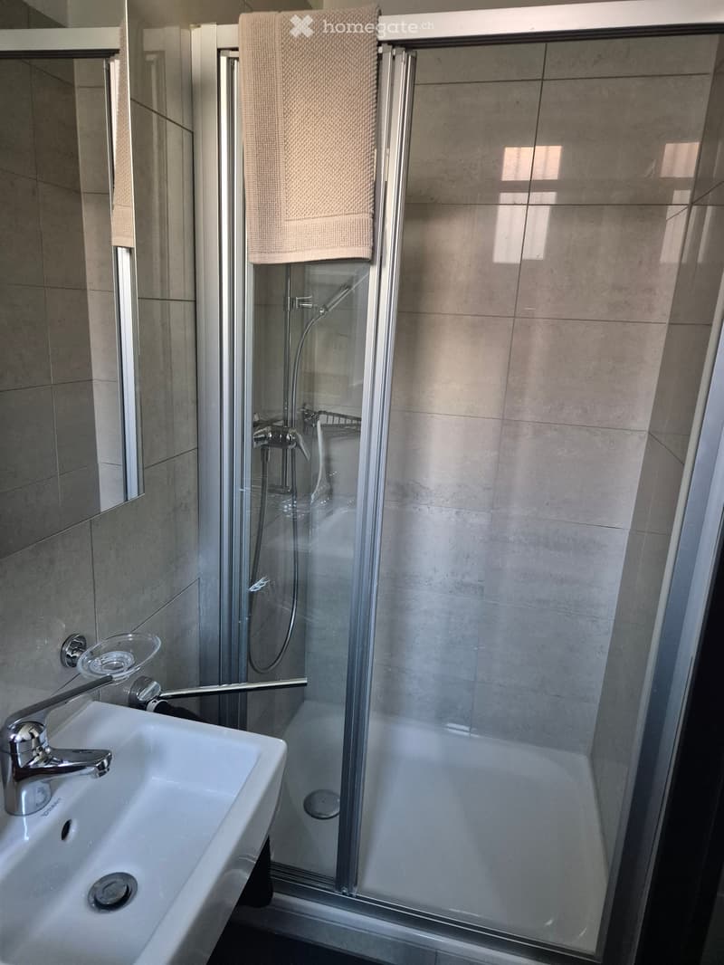 Bathroom. Modern bathroom with a white sink, chrome faucet, glass-enclosed shower, and a beige towel hanging on the door.