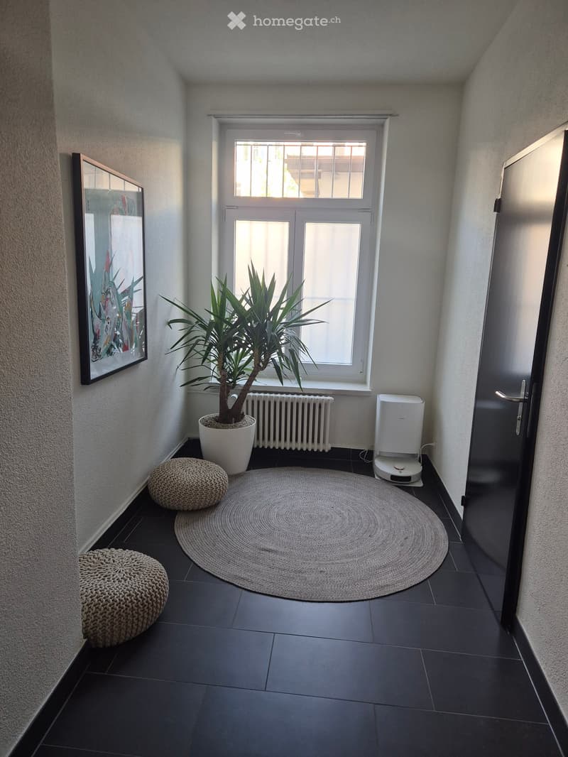 Furnished Room. A small, well-lit hallway or entryway with dark tiled flooring, a large round jute rug, two woven stools, a potted plant, a radiator, an air purifier, and a framed artwork on the wall.