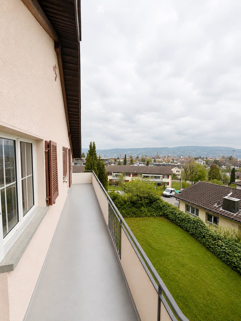 Balcony with a view of a suburban neighborhood, green lawn, and distant cityscape.